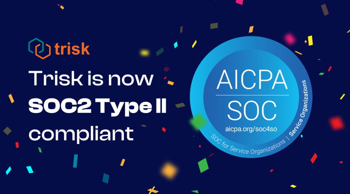 Image: Announcement of Trisk's SOC2 Type II compliance, featuring confetti, the Trisk Logo, and the SOC for Service Organizations Logo
