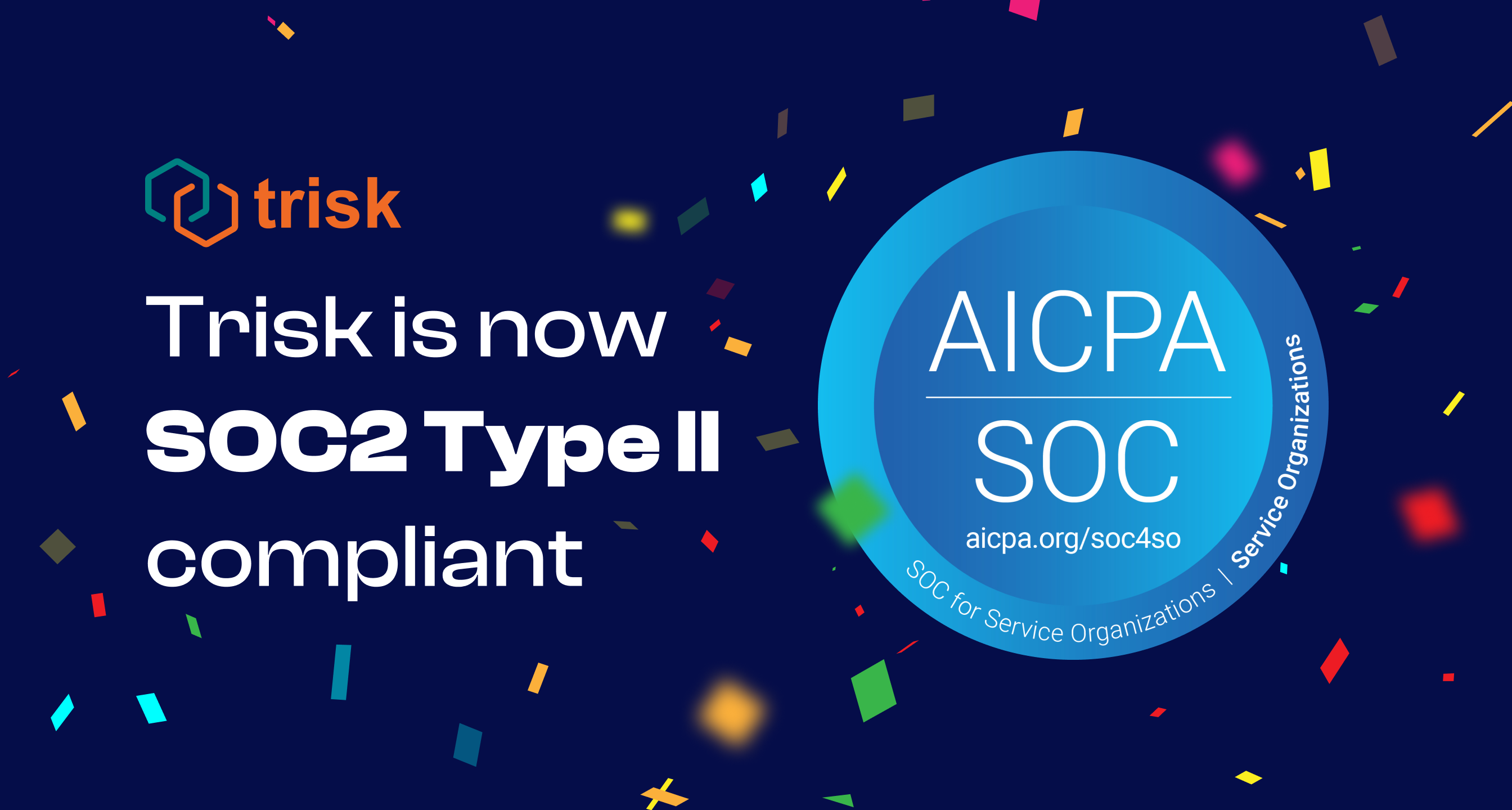 Image: Announcement of Trisk's SOC2 Type II compliance, featuring confetti, the Trisk Logo, and the SOC for Service Organizations Logo