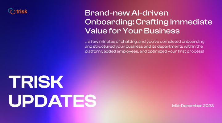 Blue-pink-purple gradient with Trisk logo, text "Trisk Updates. Mid-December 2023. Brand-new AI-driven onboarding: Creating immediate value for your business"