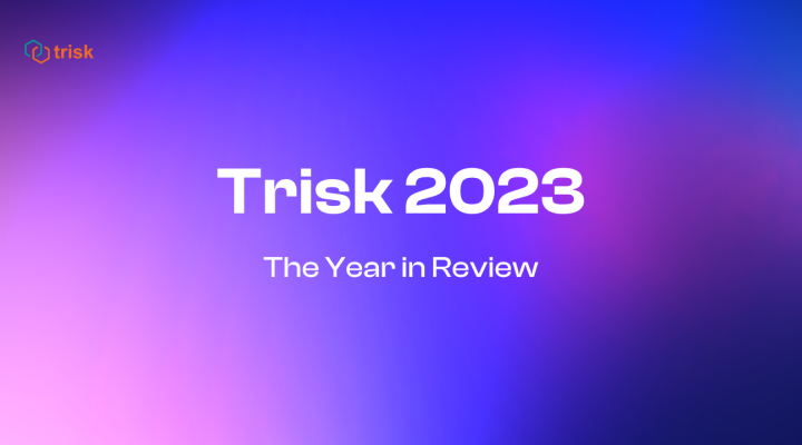 Blue-purple gradient background with Trisk logo and text "Trisk 2023 - year in review"