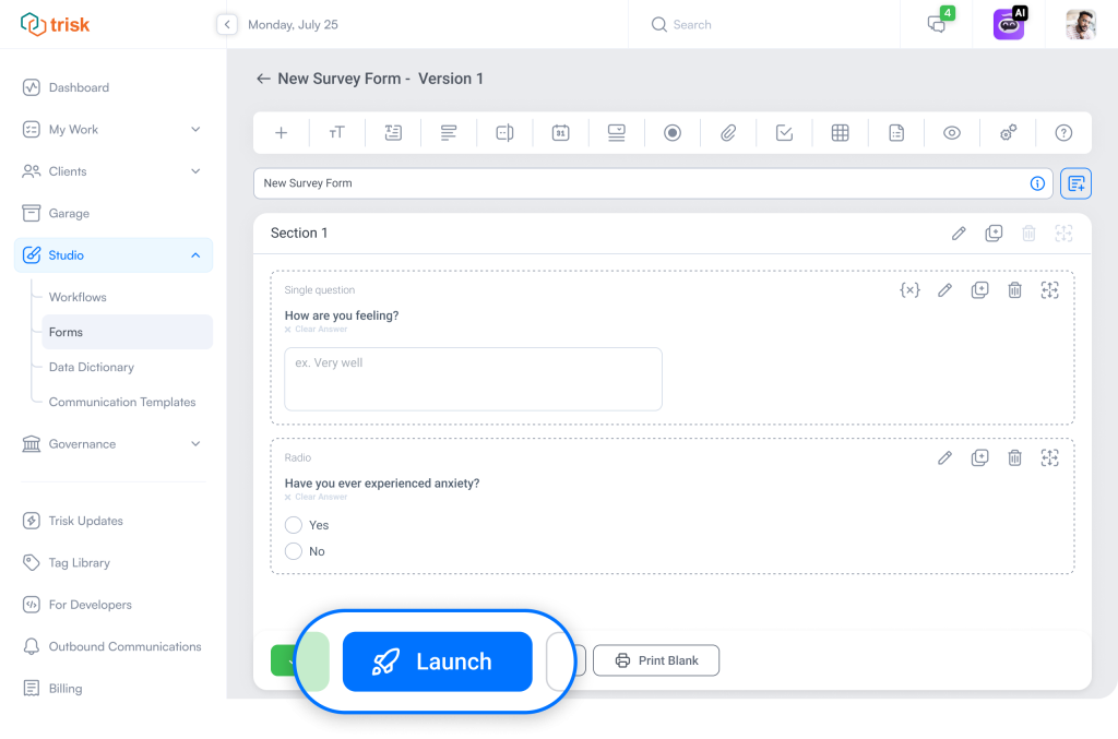 Screenshot of Trisk Form (Survey) with highlighted "Launch" button. The button is blue with rocket icon. 