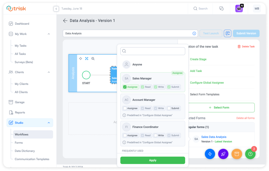 The image shows Trisk’s interface for setting permission-based access to workflows. It highlights the ability to assign different permission levels (Read, Write, Submit) to various roles. The interface allows users to easily configure global assignees and customize access levels, ensuring detailed control over task execution and accessibility within workflows.