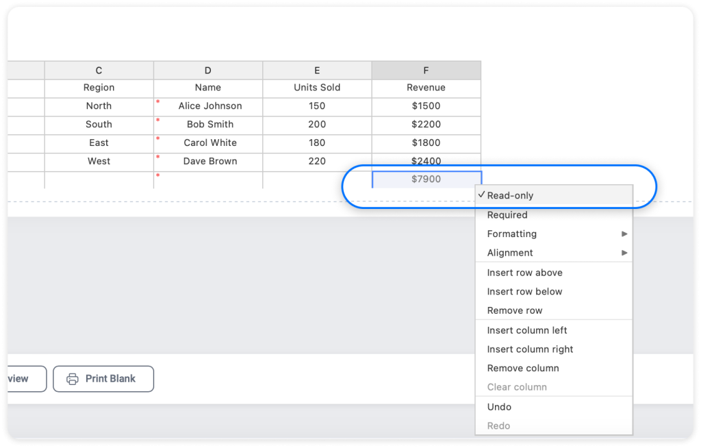 The image highlights Trisk’s table functionality, specifically focusing on the option to set cells as Read-Only. The interface shows a Sales Data table with different columns. A dropdown menu displays various options, including making cells Read-Only, setting required fields, formatting, etc. The Read-Only feature ensures that critical data remains unaltered, providing enhanced data integrity and security within the workflow.