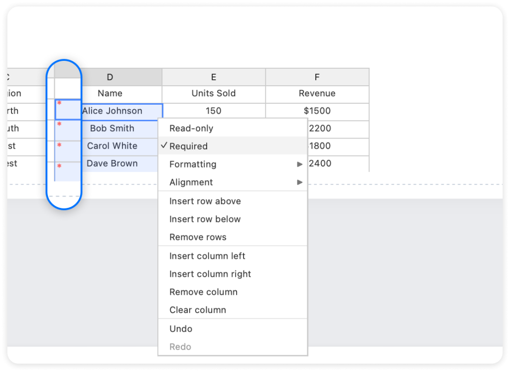 The image highlights Trisk’s table functionality, specifically focusing on the option to set cells as Required. The interface shows a Sales Data table. A dropdown menu displays various options, including making cells Required, Read-Only, formatting, alignment, etc. The Required feature ensures that essential data points are filled in before submission, enhancing data completeness and integrity within the workflow.