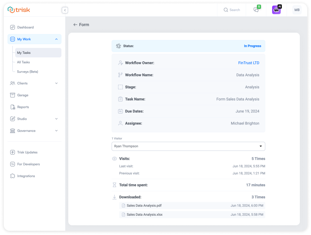 The image highlights Trisk’s Activity tracking feature. The interface shows a detailed log of each user's actions within the form, including who visited the form, when they visited, how long they spent on it, and what files were downloaded. This activity tracking provides transparency and accountability, ensuring that all interactions with the form are documented and easily accessible for review.