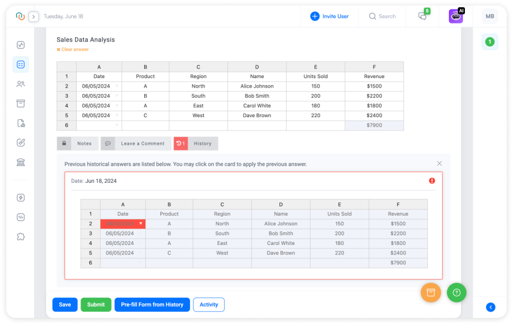 The image shows Trisk’s History functionality, which allows users to view and compare answers from prior form submissions. In the interface, there is a Sales Data table with a History button next to each form field. By clicking this button, users can display historical answers and select a previous answer to be recorded for the current run. Any cells that differ from the current run are highlighted, making it easy to spot changes and ensure data accuracy. This feature enhances the reliability and integrity of the data by allowing users to track and compare historical entries.