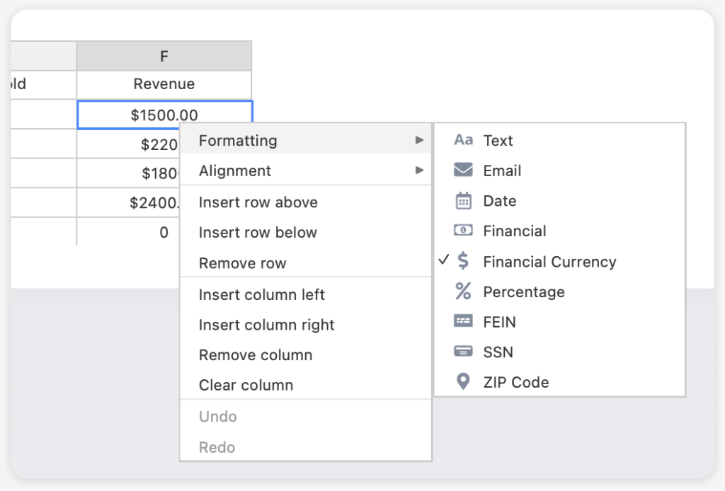 Table formatting options in Trisk, including choices for text, email, date, financial, financial currency, percentage, FEIN, SSN, and ZIP Code, with the ability to insert or remove rows and columns, and adjust alignment and formatting.