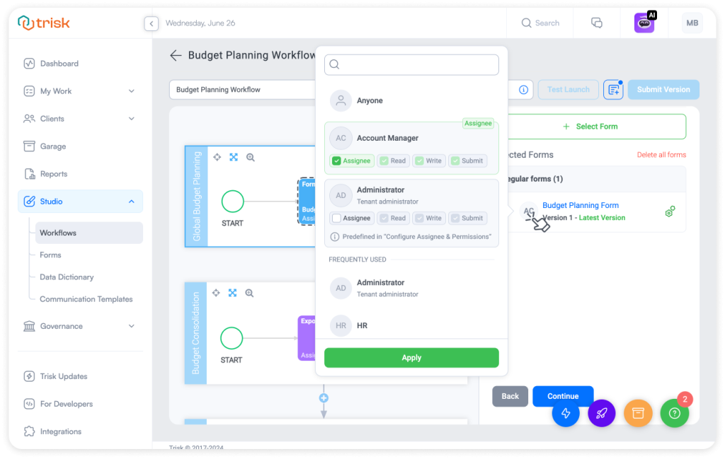 Screenshot of Trisk platform's Budget Planning Workflow showing the interface for assigning tasks and customizing access levels. Features include options for selecting assignees, setting permissions to read, write, and submit, and managing budget planning forms within a user-friendly workflow management system.