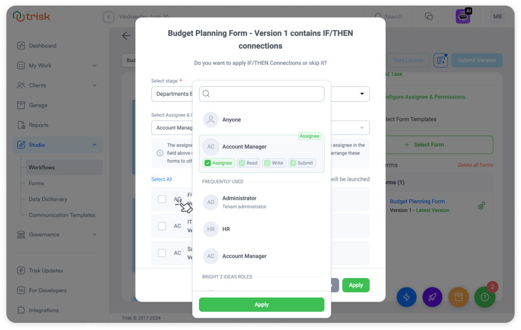 Screenshots of Budget Planning Workflow at Trisk platform, showcasing the interface for applying assignments IF/THEN logic. The screenshot displays options for selecting stages, assigning tasks, and setting access levels (Read, Write, Submit) for various users such as Account Managers, Administrators, and HR.