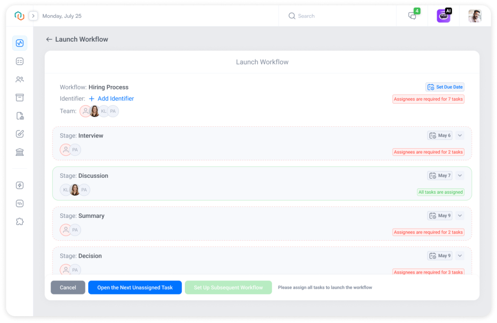 Screenshots of Launch Workflow interface at Trisk platform, highlighting streamlined assignee selection for multiple connected tasks. The screenshot displays stages of the Hiring Process workflow, including Interview, Discussion, Summary, and Decision stages, with options to assign tasks, set due dates, and manage team members.