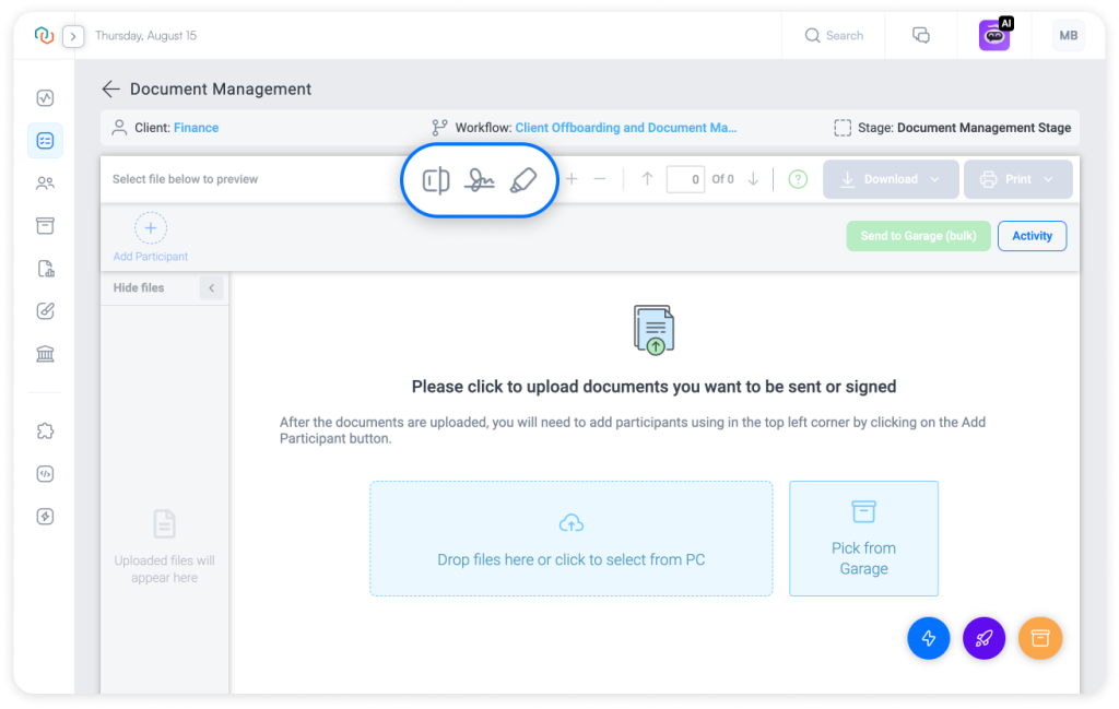 Trisk's updated Document Management interface showing new toolbar controls for document signing and editing