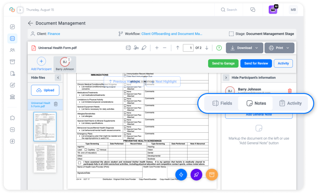 Trisk's redesigned Document Management interface featuring a new sidebar layout, highlighting easy access to fields, notes, and activity logs for enhanced document management.