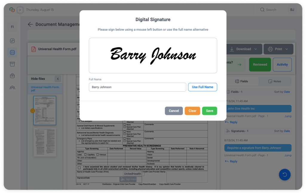 Digital signature interface in Trisk, allowing users to sign PDFs directly within the platform. The screenshot shows the signature input field, with options to save, clear, or cancel the signature process.