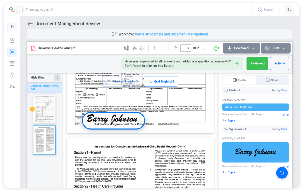 Signed PDF document within Trisk, displaying the applied signature and associated fields. The interface highlights the document review process, including the ability to add notes, review activity, and ensure document integrity within the Trisk ecosystem.