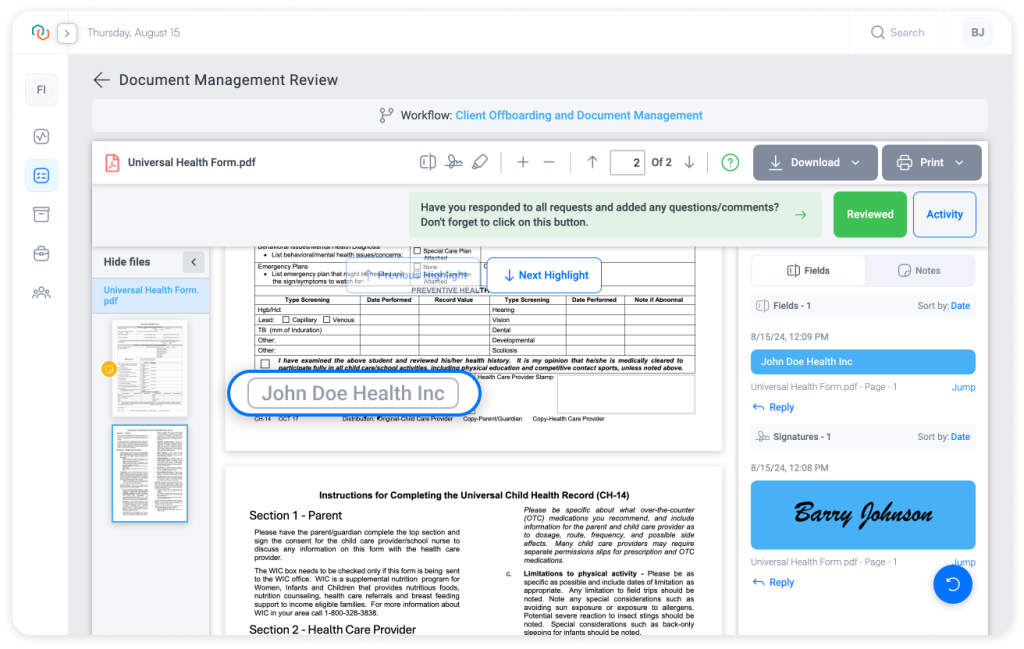 Trisk Document Management interface displaying the ability to add inputs directly onto a PDF, including fields like date, initials, or other required information. The image shows the input field highlighted within a document, demonstrating the ease of use for editing and managing PDFs within the platform.