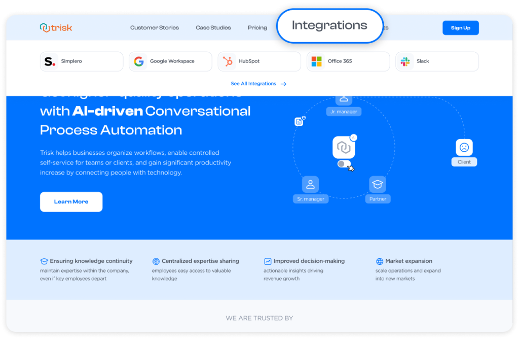 Trisk website showcasing the new Integrations section, highlighting connections with key collaboration and productivity tools like Slack, Microsoft Office 365, Google Workspace, HubSpot, and Simplero. The image emphasizes the ease of access to integration details and step-by-step guides for seamless connectivity within the Trisk platform.