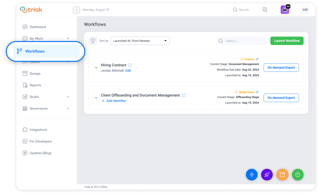 Screenshot of the Trisk platform showing the new unified Workflows section in the Global Menu. This update centralizes all workflow instances, allowing users to manage processes efficiently across different Clients and Members without needing to switch between sections. The image highlights the user-friendly interface, including searchable, filterable, and sortable workflow lists with enhanced management controls for ease of use.