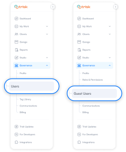 Trisk interface showcasing two navigation menus side by side. The left menu highlights the 'Users' tab under the Governance section, which was previously named 'Team.' The right menu features the 'Guest Users' tab also under Governance. These changes streamline user access by placing both tabs under the Governance section for easier navigation and management. Users can manage permissions via Governance > Roles & Permissions, ensuring data privacy and customizable access controls within Trisk.