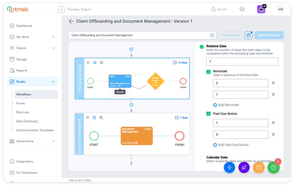 Trisk's Workflow Builder interface displaying a visual representation of a 'Client Offboarding and Document Management' workflow. The interface shows a series of connected tasks, including an 'Onboarding Stage' with a 'Client Offboarding Form' assigned to HR, and a 'Document Management' stage. The right panel features settings for 'Relative Date,' 'Reminder,' and 'Past Due Notice,' demonstrating Trisk's automated recommended reminders and past due notices. The interface allows users to set due dates, add reminders, and configure past-due notices, ensuring efficient task management and timely completion.