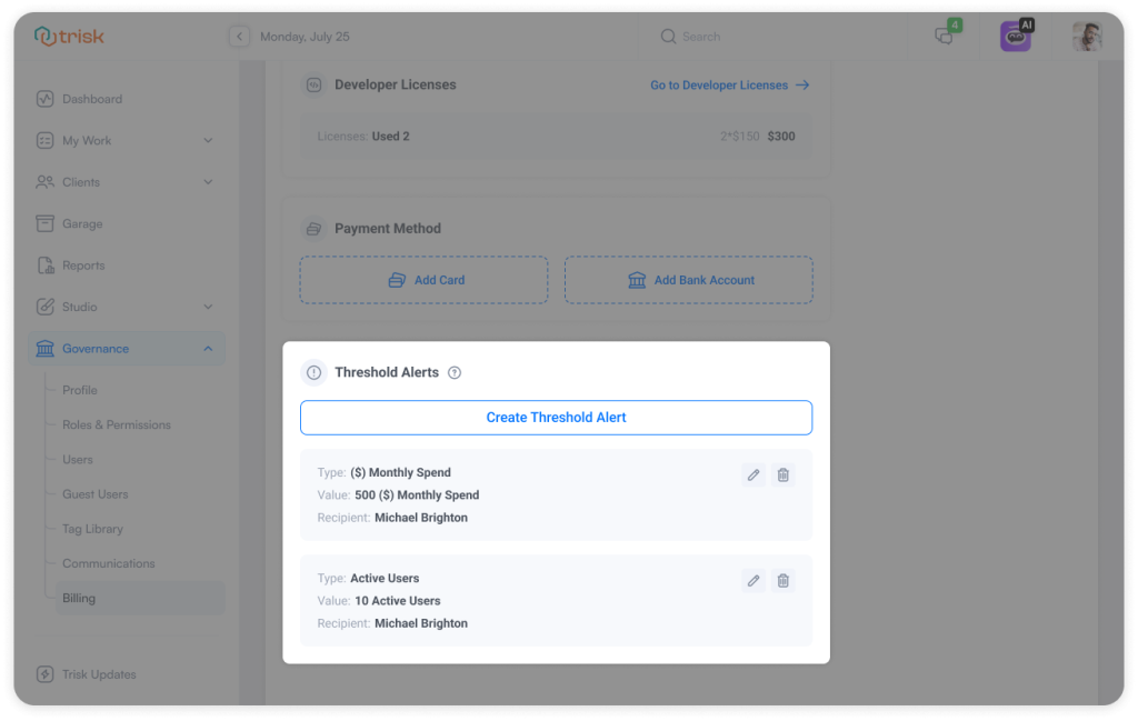 Trisk Spend Threshold Alert Overview This design presents an overview of the "Threshold Alerts" within the Trisk platform. Two threshold alerts are shown: one for Monthly Spend with a value set to 500, and another for Active Users set to 10 users. Each alert specifies the type, the threshold value, and the designated recipient, "Michael Brighton." The interface allows the user to edit or delete the thresholds. The background includes sections for Developer Licenses and Payment Methods