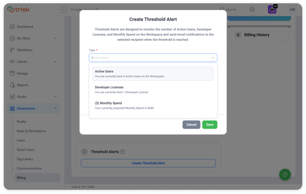 This design showcases the "Create Threshold Alert" interface within Trisk. The modal window displays three options for setting thresholds: Active Users, Developer Licenses, and Monthly Spend. Each option includes a brief description of the current status, such as the number of active users, licenses in use, or the projected monthly spend. The user can select one of these options and save the threshold alert.