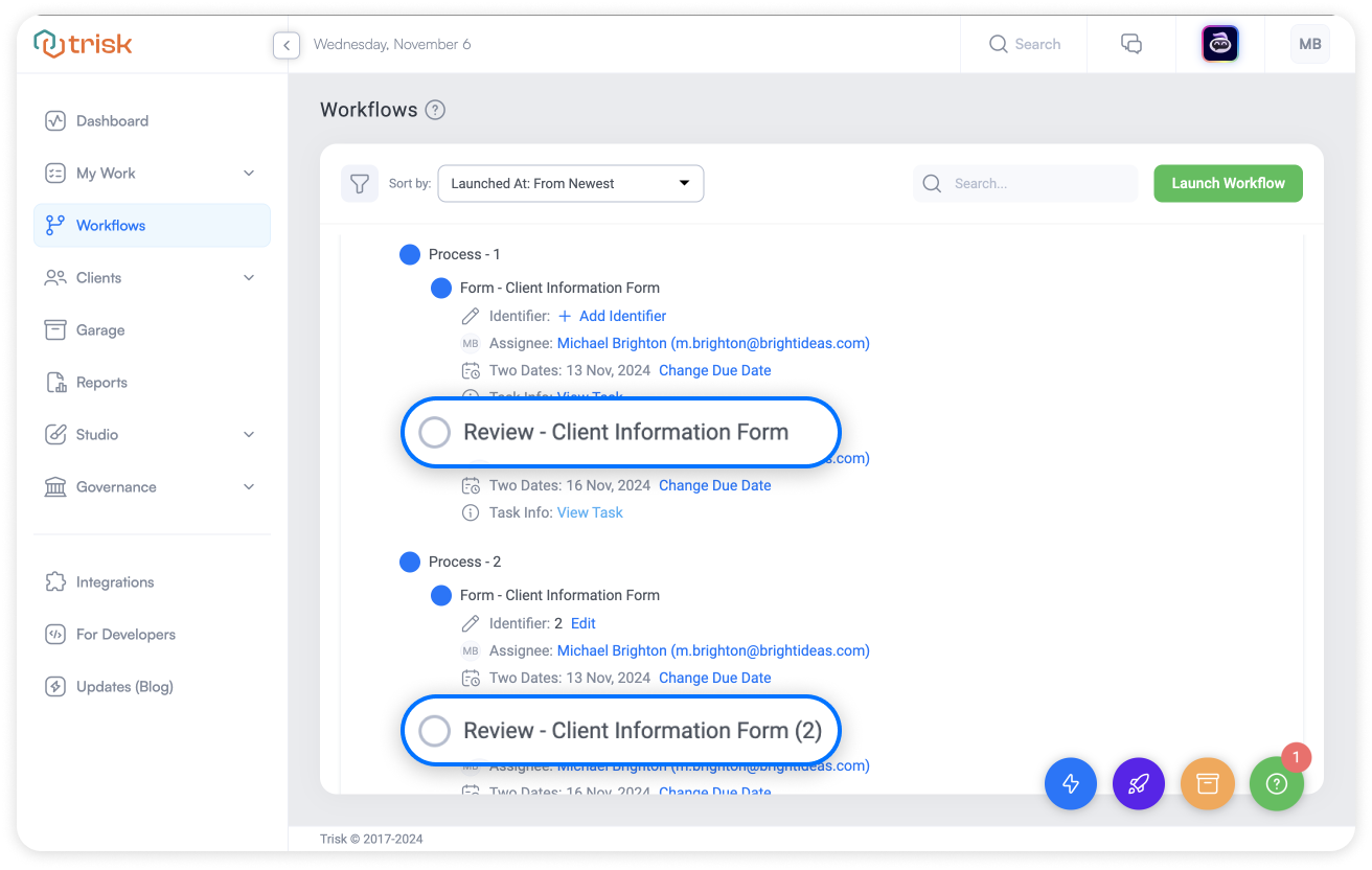 Trisk platform interface displaying auto-numbered form identifiers within workflows, highlighting improved organization with incremented counters for multiple forms in the same stage.