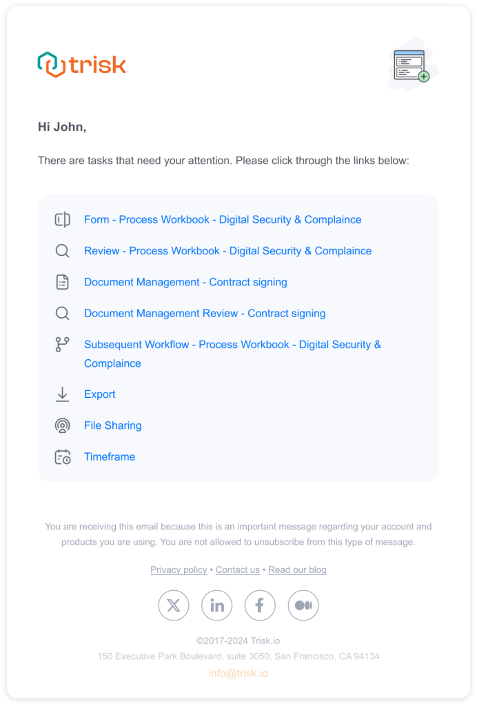 Trisk task notification email showing multiple task links in a clean, organized format for improved task management and accessibility.