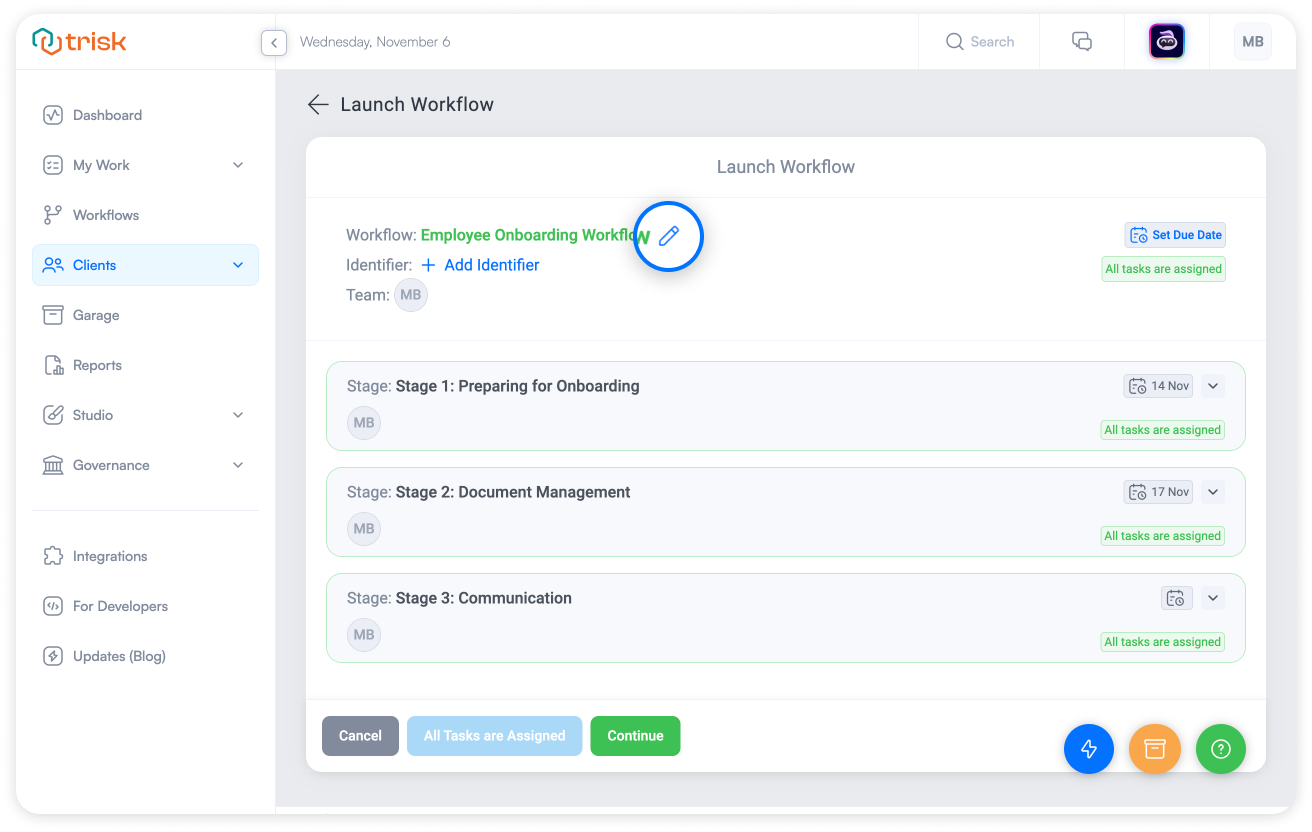 Trisk platform interface showing the launch workflow screen for employee onboarding, with stages, due dates, and a pencil icon for renaming the workflow to improve organization and clarity.