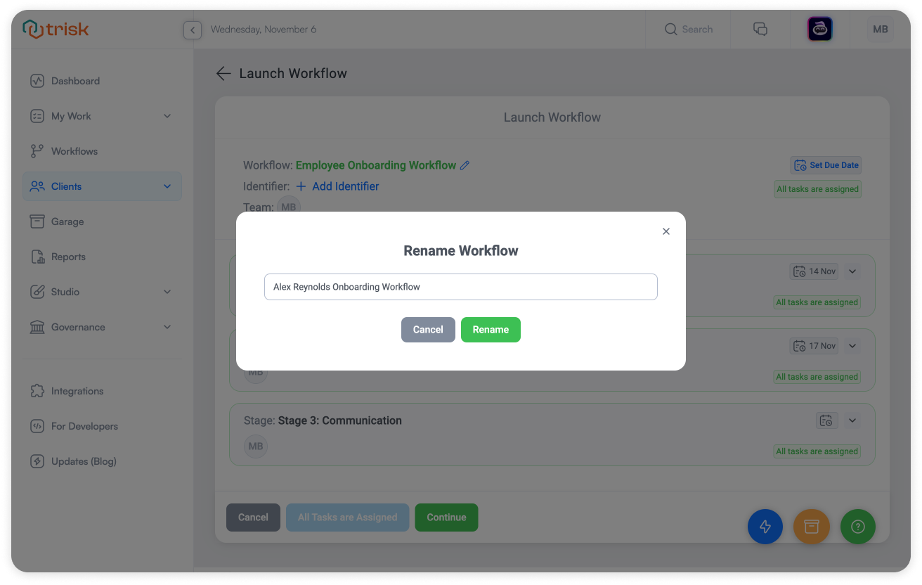 Trisk platform interface with rename workflow option, allowing users to customize workflow names for organized project management.