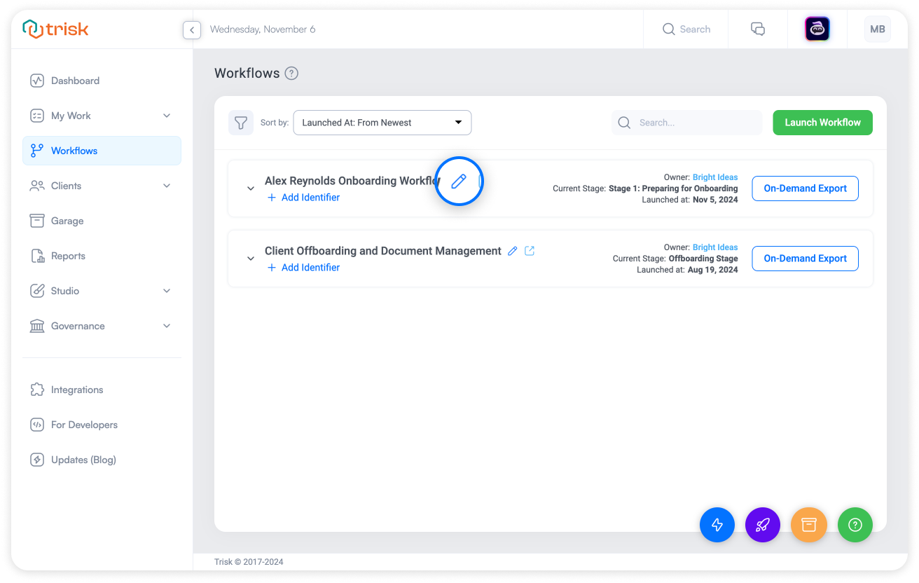 Trisk platform interface displaying active workflows with pencil icons for renaming, showcasing easy name customization for improved workflow management and organization.