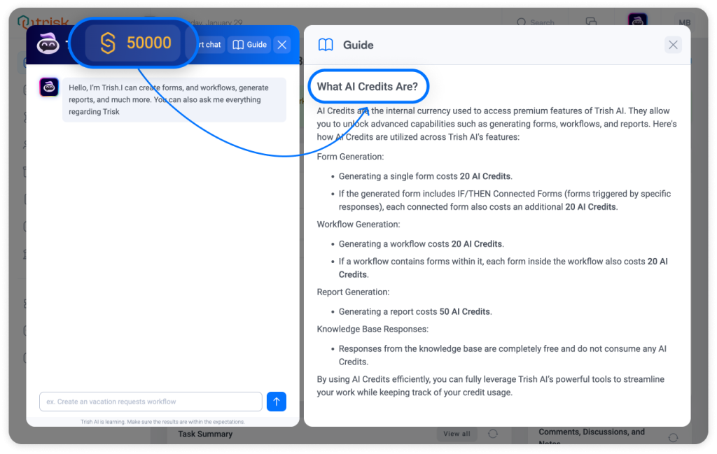 The Trisk.io AI Credit system displays a real-time credit counter in Trish AI’s chat interface. A guide explains how to use AI credit to generate reports, workflows, and forms. The system helps businesses track AI-powered actions and optimize resource planning.