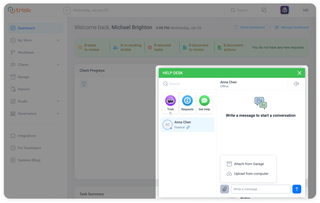 Trisk Help Desk interface displaying file-sharing options, including 'Attach from Garage' for selecting stored documents and 'Upload from Computer' for direct file uploads. Users can easily share files within support conversations, streamlining collaboration and workflow management.