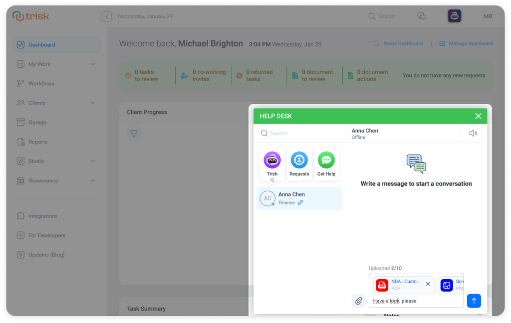 Trisk.io Help Desk interface showing a file preview in the message input area before sending. Users can review, remove, or modify attachments before sharing, ensuring accurate and seamless collaboration in business workflows.