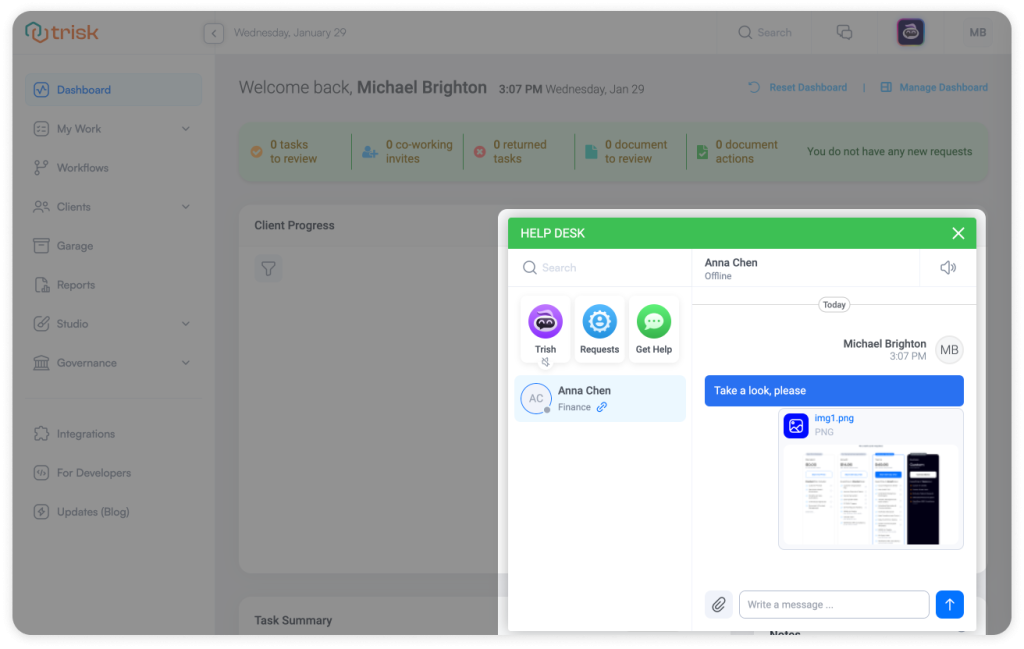 Trisk Help Desk chat displaying a sent image file preview within the conversation. Visual files are instantly accessible, while other file types appear as clickable links for direct preview or download, streamlining document sharing in professional workflows.