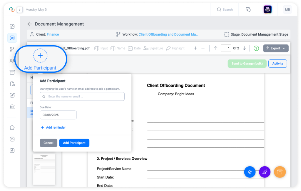 “Add Participant” button in Trisk’s Document Management interface, showing how to set participant roles and due dates for structured document review and e-signature workflows. Ideal for legal teams, client onboarding, and compliance in professional service businesses.
