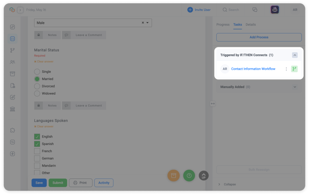 Screenshot of Trisk platform showing the “Triggered by IF/THEN Connects” preview in the Tasks tab, where a submitted form response automatically launches the Contact Information Workflow based on predefined logic—designed for workflow automation in professional service businesses.
