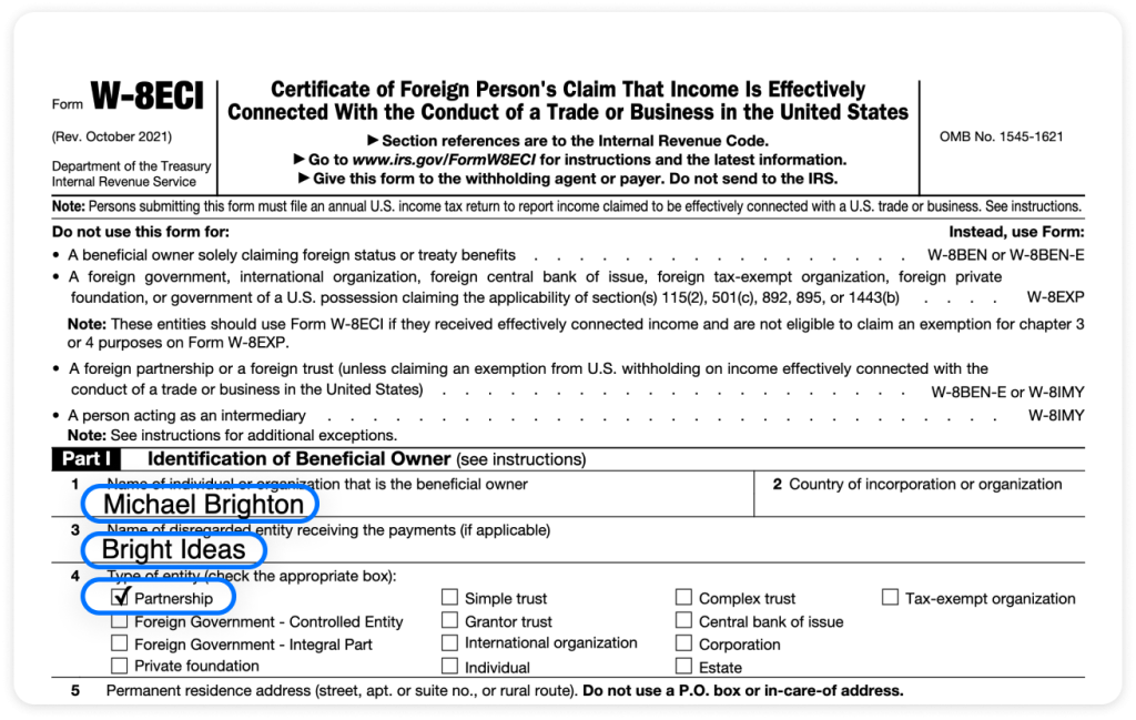 Completed W-8ECI tax form with client data filled directly in overlay fields using Trisk’s Form builder. Trisk - e-signature and workflow automation platform for professional services