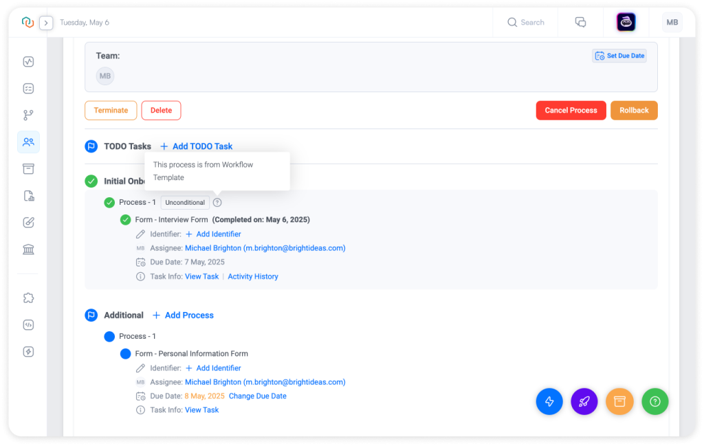 Trisk workflow view with a user hovering over a process to reveal the Unconditional origin indicator tooltip, showing how steps are tracked for audit clarity