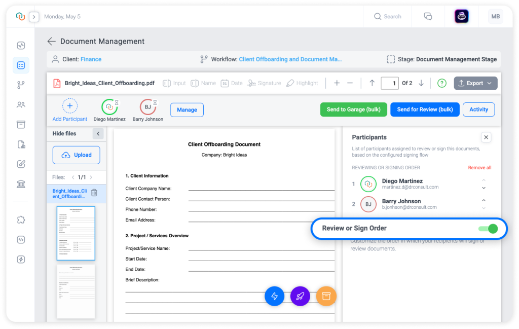 Trisk Document Management interface showing participant signing order settings, with Review or Sign Order toggle enabled, reorder arrows next to participant names, and bulk removal option. Designed for structured digital document workflows in professional service businesses.