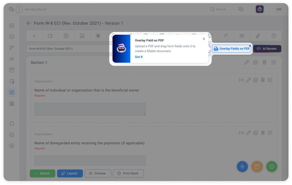 Trisk platform interface showing Overlay Fields on PDF tooltip in Form Builder for automating digital document workflows and client data capture
