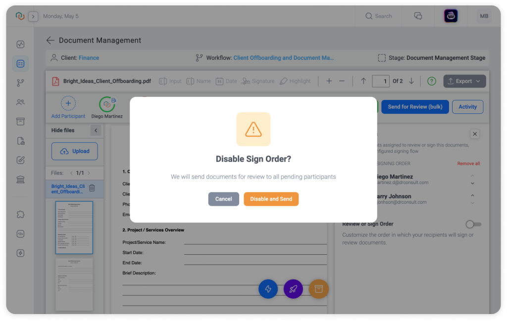 Trisk e-sign tool confirmation popup asking users to disable signature order, showing that documents will be sent to all pending recipients. Ideal for managing live e-signature workflows in legal, finance, and client onboarding scenarios.