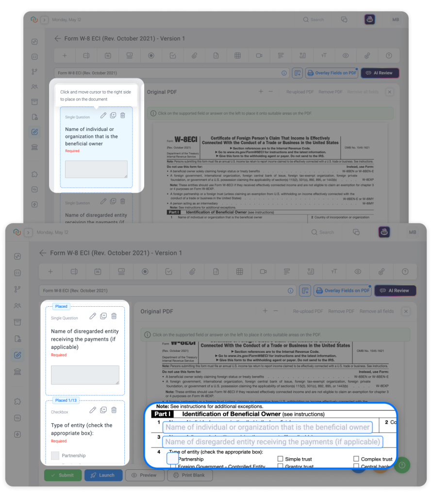 Trisk drag-and-drop interface for placing form fields directly on standardized PDF documents with real-time preview and visual field mapping for workflow automation
