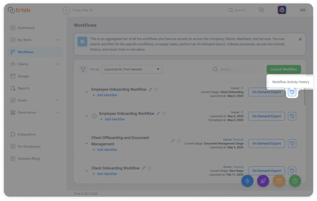 Trisk workflow dashboard showing the new Workflow Activity History icon with tooltip. Professional service teams can quickly access timestamped records of changes, approvals, and task assignments for audit readiness and workflow traceability.