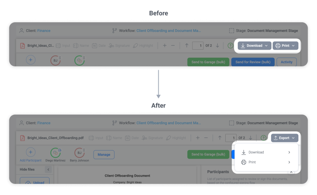 Side-by-side view of Trisk’s Document Management toolbar before and after the UI update, showing the new Export button that consolidates Download and Print actions—enhancing workflow clarity for professional service teams managing client documents.