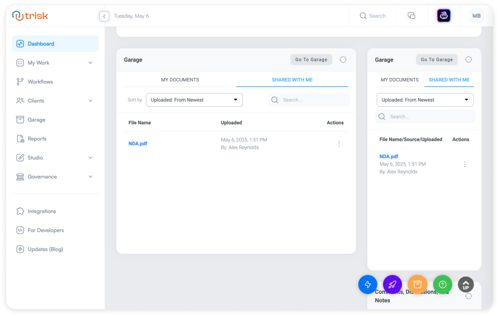 Trisk Garage widget in compact and full layout modes, showing adjustable sizing for recent file access in professional document workflows