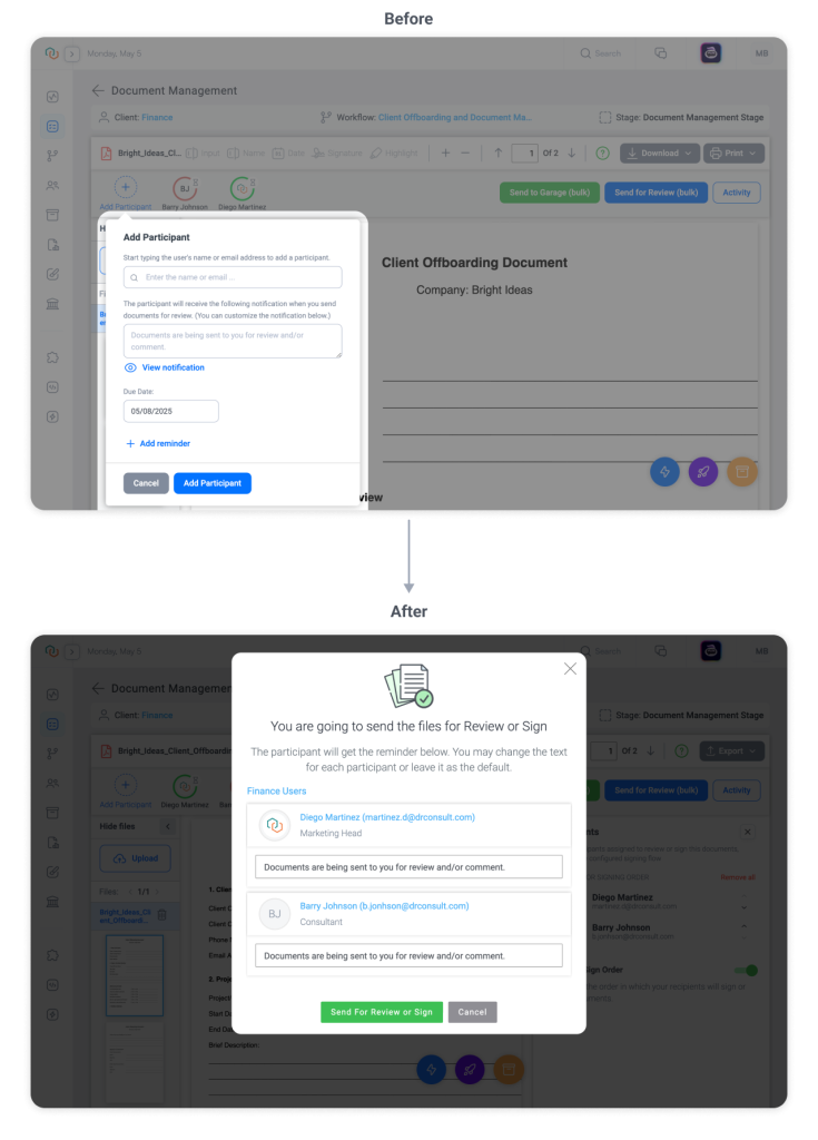 Comparison showing Trisk’s improved participant notification flow in Document Management—notification message field now appears at the Send for Review step, enabling users to customize reminders per recipient. Optimized for professional service teams managing e-signature workflows and document approvals.