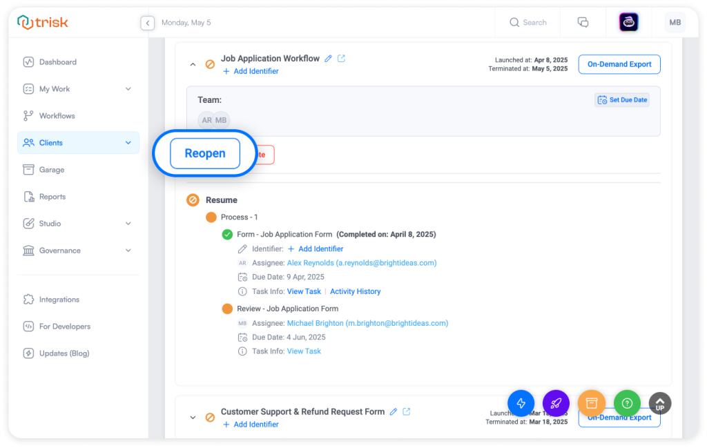 Trisk interface showing the Reopen button for a terminated workflow, allowing users to restore paused or mistakenly closed processes without losing progress—ideal for HR, compliance, and long-cycle workflows in professional service businesses.
