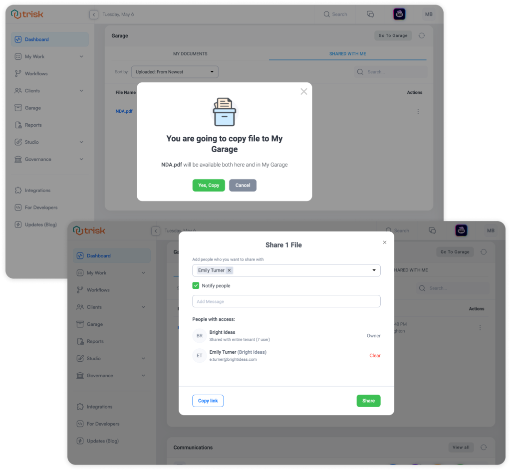 Trisk file sharing and copy modals showing how users can send documents securely or move files into personal Garage folders within a professional workflow system