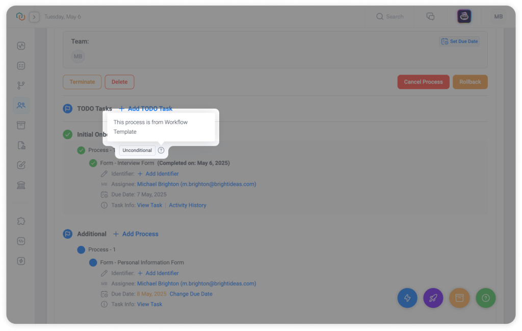 Trisk workflow showing an Unconditional process indicator tooltip, marking a default step automatically included in every workflow execution for audit traceability