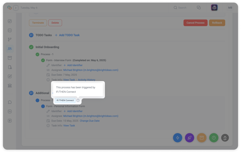 IF/THEN rule-triggered process shown in Trisk workflow execution with tooltip explaining conditional automation logic used in dynamic task creation